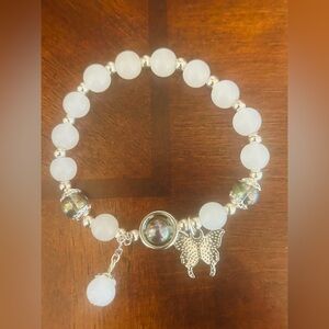 Elegant White and Silver Beaded Bracelet with Butterfly Charm